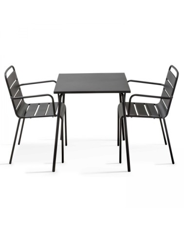 Ensemble table de jardin carrée et 2 fauteuils acier gris