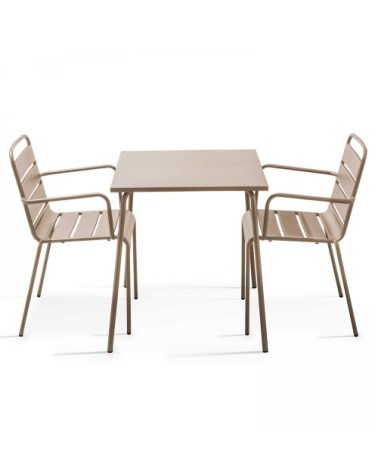 Ensemble table de jardin carrée et 2 fauteuils acier taupe