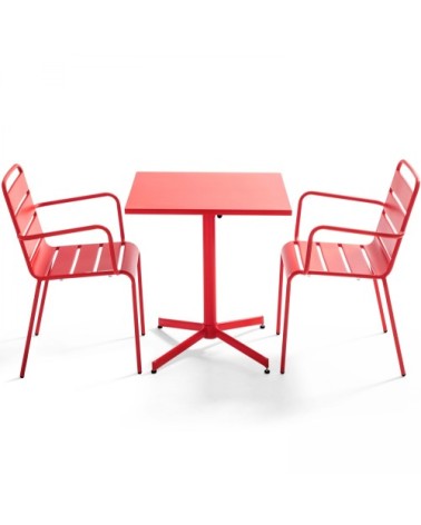 Ensemble table de jardin carrée et 2 fauteuils métal rouge