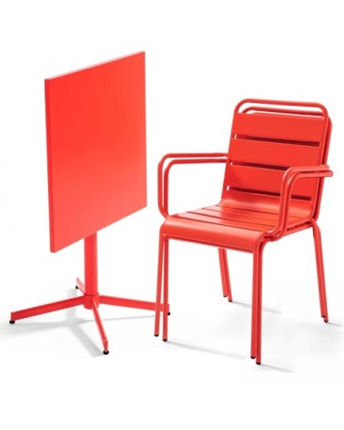 Ensemble table de jardin carrée et 2 fauteuils métal rouge