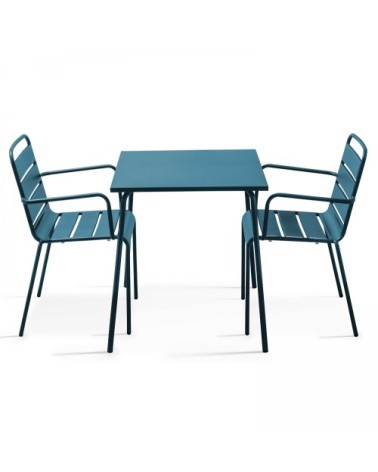 Ensemble table de jardin carrée et 2 fauteuils acier bleu pacific