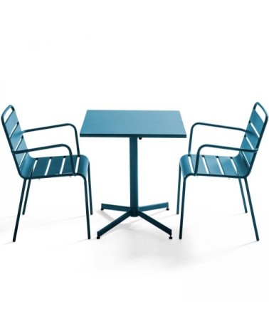 Ensemble table de jardin carrée et 2 fauteuils métal bleu pacific