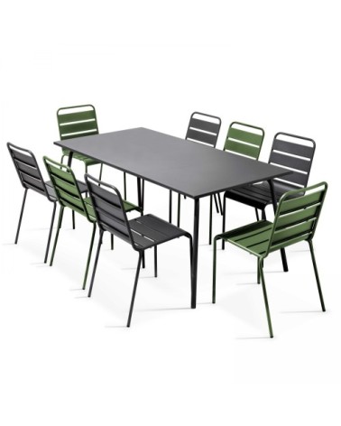 Ensemble table de jardin et 8 chaises en métal gris et vert cactus