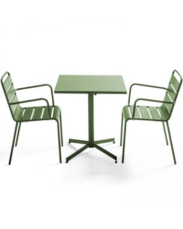 Ensemble table de jardin carrée et 2 fauteuils métal vert cactus