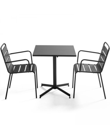 Ensemble table de jardin carrée et 2 fauteuils métal anthracite