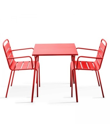 Ensemble table de jardin carrée et 2 fauteuils acier rouge