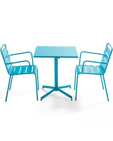 Ensemble table de jardin carrée et 2 fauteuils métal bleu