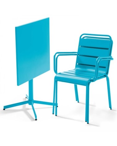 Ensemble table de jardin carrée et 2 fauteuils métal bleu