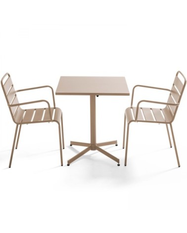 Ensemble table de jardin carrée et 2 fauteuils métal taupe