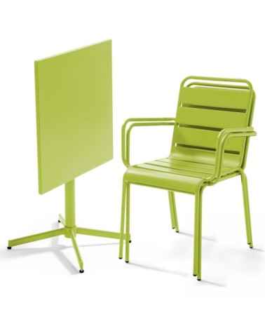 Ensemble table de jardin carrée et 2 fauteuils métal vert