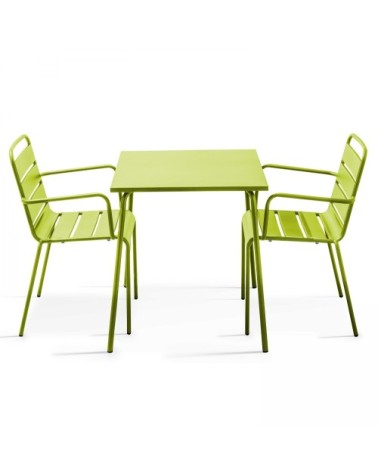 Ensemble table de jardin carrée et 2 fauteuils acier vert