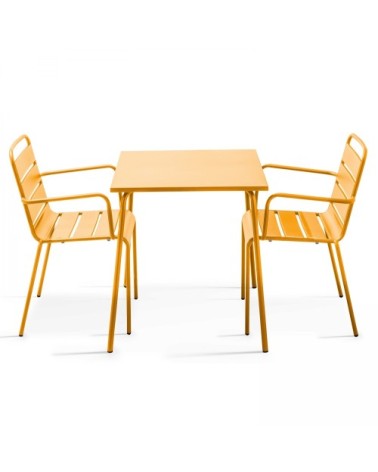 Ensemble table de jardin carrée et 2 fauteuils acier jaune