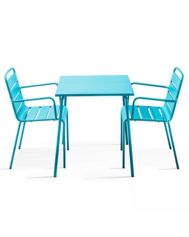 Ensemble table de jardin carrée et 2 fauteuils acier bleu