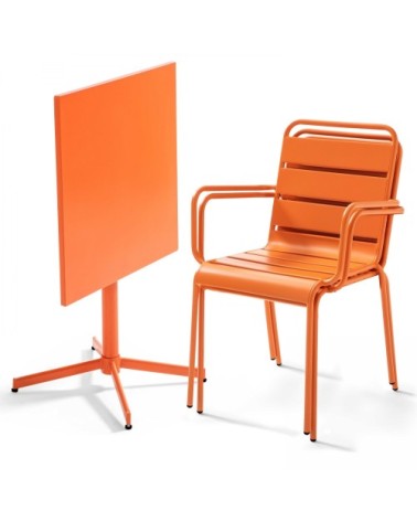 Ensemble table de jardin carrée et 2 fauteuils métal orange