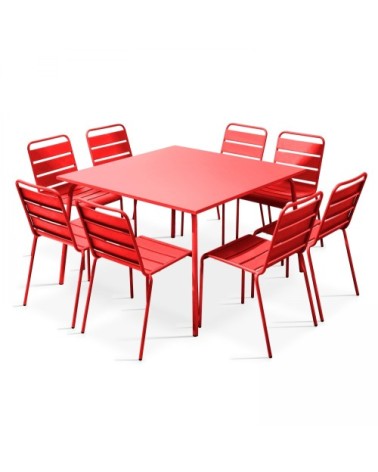 Ensemble table de jardin et 8 chaises en métal rouge