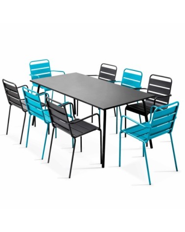 Ensemble table de jardin et 8 fauteuils en métal bleu et gris