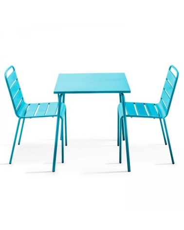 Ensemble table de jardin carrée et 2 chaises acier bleu