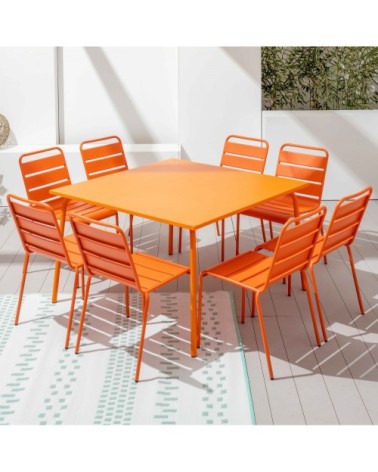 Ensemble table de jardin et 8 chaises en métal orange