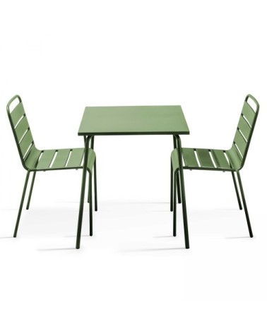 Ensemble table de jardin carrée et 2 chaises acier vert cactus