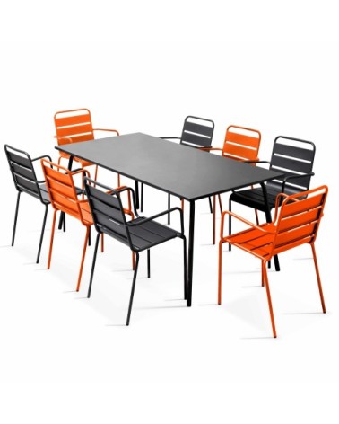 Ensemble table de jardin et 8 fauteuils en métal orange et gris