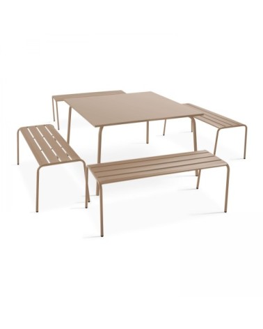 Ensemble table de jardin carrée et 4 bancs en métal taupe