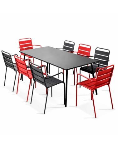 Ensemble table de jardin et 8 fauteuils en métal rouge et gris