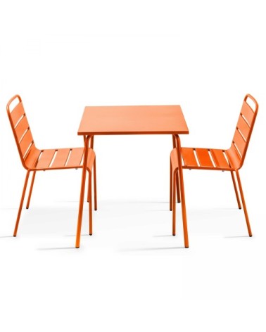 Ensemble table de jardin carrée et 2 chaises acier orange