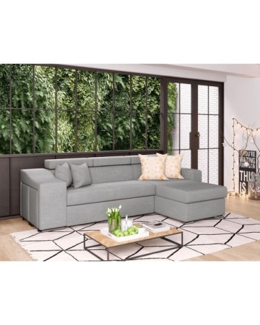 Canapé d’angle 4 places en tissu gris avec rangement gauche