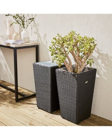 Lot de 2 pots de fleurs noir en résine tressée et acier galvanisé
