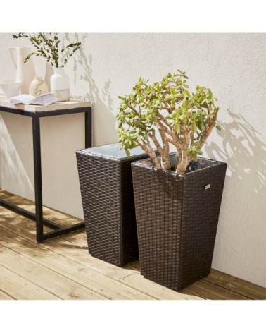 Lot de 2 pots de fleurs marron en résine tressée et acier galvanisé