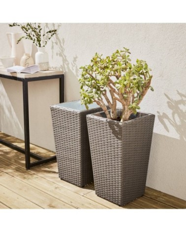 Lot de 2 pots de fleurs gris en résine tressée et acier galvanisé