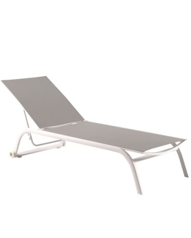 Bain de soleil à roulettes en alu blanc et textilène gris