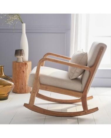 Rocking chair design tissu beige et bois - lorens rocking