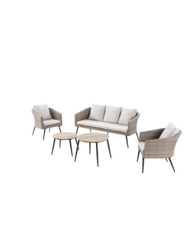 Salon de jardin 5 places en résine tressée beige et noir