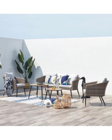 Salon de jardin 5 places en résine tressée beige et noir