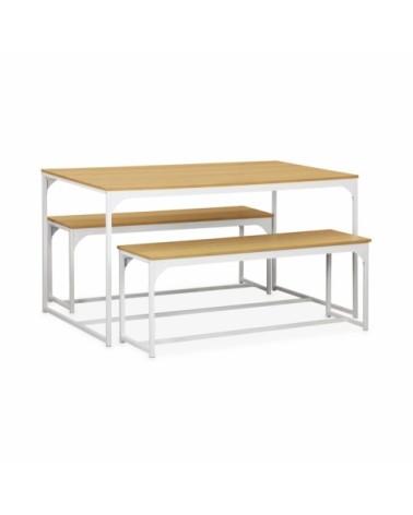 Set table haute effet bois avec 2 bancs en acier blanc mat