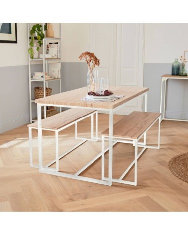 Set table haute effet bois avec 2 bancs en acier blanc mat