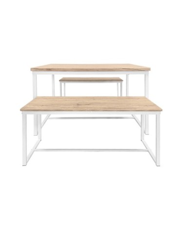 Set table haute effet bois avec 2 bancs en acier blanc mat