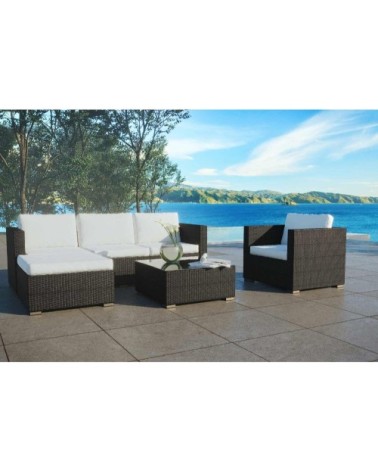 Salon de jardin 6 places en résine tressée noir et blanc