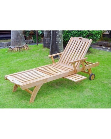 Bain de soleil avec roulette et tablette en teck massif