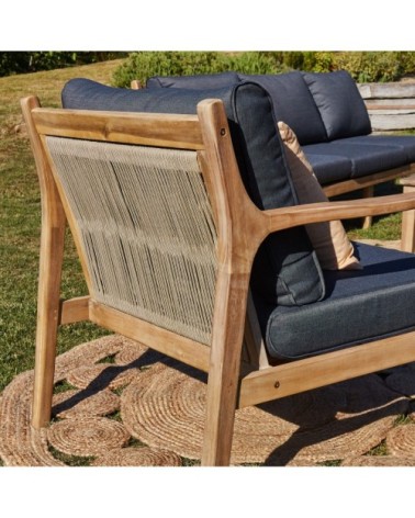Salon de jardin 5 places en bois clair et corde tressée