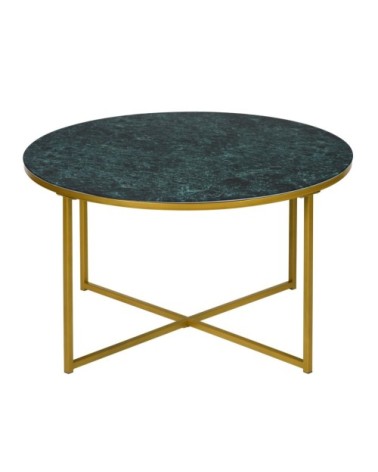 Table basse ronde en verre marbré vert et métal doré