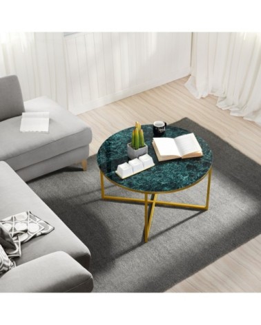 Table basse ronde en verre marbré vert et métal doré