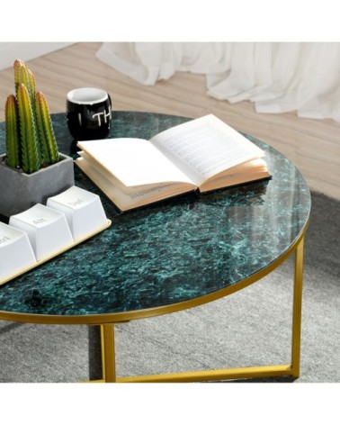 Table basse ronde en verre marbré vert et métal doré