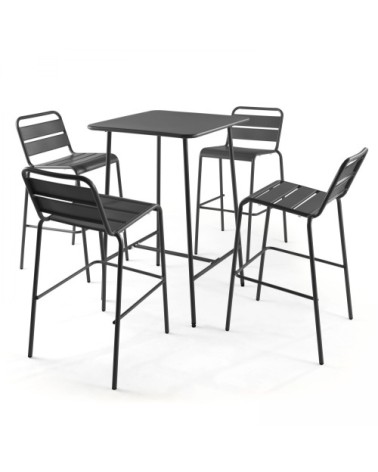 Ensemble table de bar et 4 chaises hautes en métal anthracite