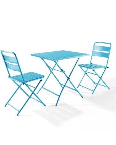 Ensemble table de jardin pliante et 2 chaises acier bleu