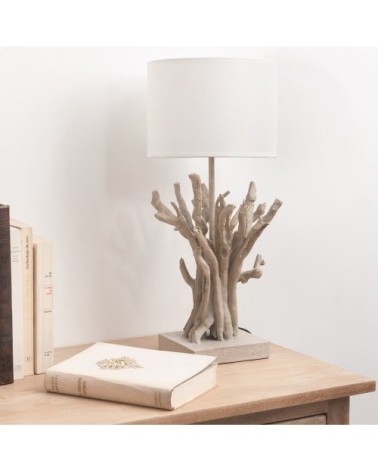 Lampe imitation bois flotté et abat-jour blanc