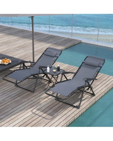 Lot de 2 chaises longues pliables inclinables avec table d'appoint