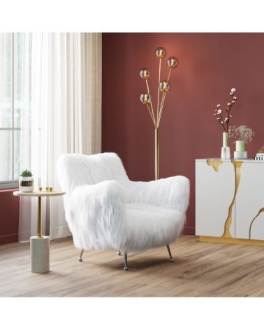 Fauteuil fausse fourrure blanche et acier