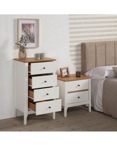 Chiffonnier nuit 4 tiroirs dans tiroirs blanc/chêne, 46 cm longueur